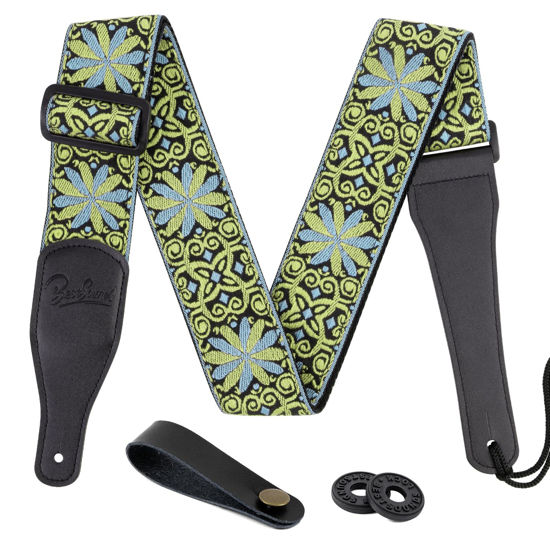 Picture of Guitar Strap, Jacquard Embroidered Cotton Straps with Genuine Leather Ends Shoulder Strap for Bass, Acoustic, Electric Guitar (Lemon Yellow/Lt Blue)