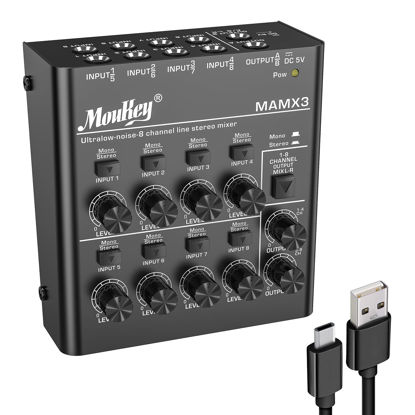 Picture of Moukey Audio Mixer Line Mixer, DC 5V, 8-Stereo Ultra, Low Noise 8-Channel for Sub-Mixing, for Small Clubs or Bars, As Guitars, Bass, Keyboards Mixer, 2022 New Version-MAMX3