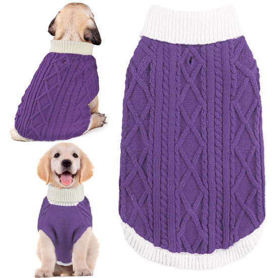 Picture of Small Dog Sweaters with Leash Hole Turtleneck Dog Sweaters Knitwear Boys Girls Warm Soft and High Stretch Pet Clothes for Fall Winter，Pet Shirts for Kitten Puppy Purple Small