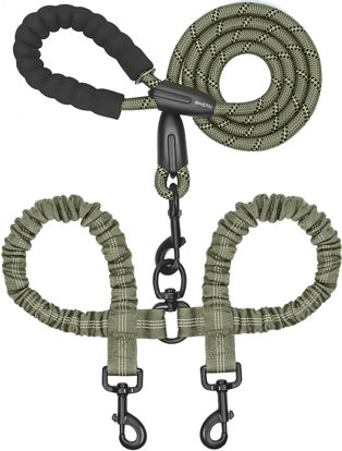 Picture of iYoShop Dual Dog Leash, Double Dog Leash, 360 Swivel No Tangle Walking Leash, Shock Absorbing Bungee for Two Dogs, Military Green, Large (25-150 lbs)