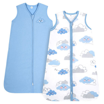 Picture of TILLYOU Sleep Sack 18-24 Months - 0.5 TOG Baby Wearable Blanket with 2-Way Zipper, Extra Soft Cotton Sleeveless Sleeping sack 2 Pack, Small Cloud & Blue