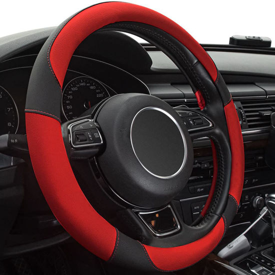 Picture of Xizopucy Red Steering Wheel Cover with Microfiber Leather for Car Truck SUV, Anti-Slip Steering Wheel Cover 15 inchs