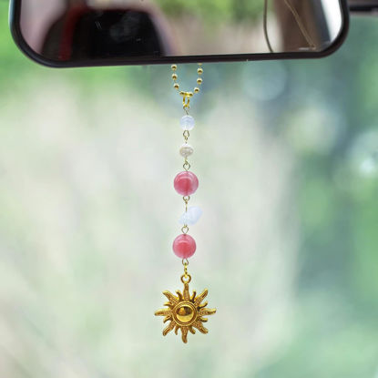 Picture of Sun Hanging Car Charm,Green and Gold Rear View Mirror Accessories Cute Boho Dangling Sun Car Decor Handmade Healing Crystals Stones Ornament Gifts for Women Men (Pink)