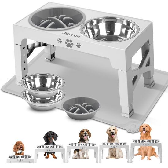 Picture of Jovrun Elevated Dog Bowls, Dog Feeder with 2 Stainless Steel Bowls &1 Slow Feeder Dog Bowls, 5 Heights Adjustable Raised Dog Bowls Stand for Medium Large Dogs, Dog Food Bowls with Non-Slip Feet