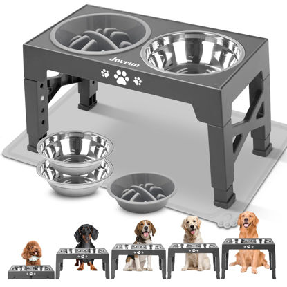 Picture of Jovrun Elevated Dog Bowls, Dog Feeder with 2 Stainless Steel Bowls &1 Slow Feeder Dog Bowls, 5 Heights Adjustable Raised Dog Bowls Stand for Medium Large Dogs, Dog Food Bowls with Non-Slip Feet