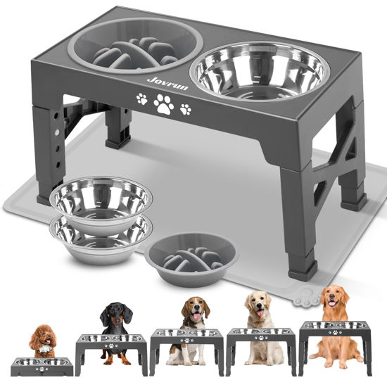 Picture of Jovrun Elevated Dog Bowls, Dog Feeder with 2 Stainless Steel Bowls &1 Slow Feeder Dog Bowls, 5 Heights Adjustable Raised Dog Bowls Stand for Medium Large Dogs, Dog Food Bowls with Non-Slip Feet