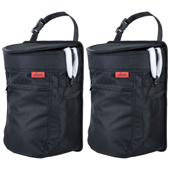 Picture of Lusso Gear Spill-Proof Car Trash Can (2.5 Gal, 2 Pack) - Easy to Clean Hanging Garbage Bin - Leak-Proof Lid, Removable Liner, Waterproof - Keeps Truck, SUV, Car, Minivan Clean & Odor Free (Black)