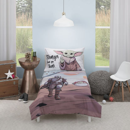 Picture of Star Wars The Mandalorian Grey, Tan and Blue 4 Piece Toddler Bed Set - Comforter, Fitted Bottom Sheet, Flat Top Sheet, and Reversible Pillowcase