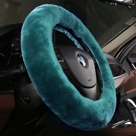 Picture of Soft Fluffy Sheepskin Car Steering Wheel Cover for Universal Auto Vehicle Women Man 14 1/2 inch-15 1/2inch Fuzzy Accessories (Alpine Green)