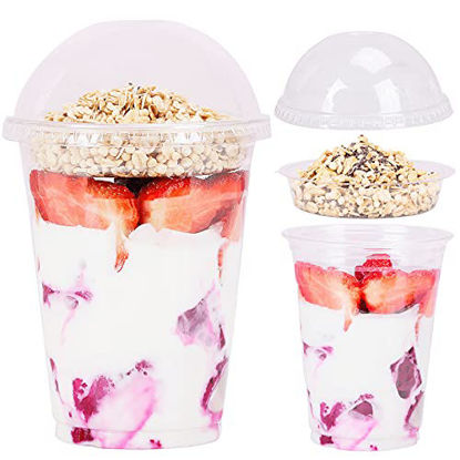 Picture of 16 oz Clear Plastic Parfait Cups with Insert 4oz & Dome Lids No Hole - (40 Sets) Yogurt Fruit Parfait Cups for Kids, for Dips and Veggies, Take Away Breakfast and Snacks. No Leaking