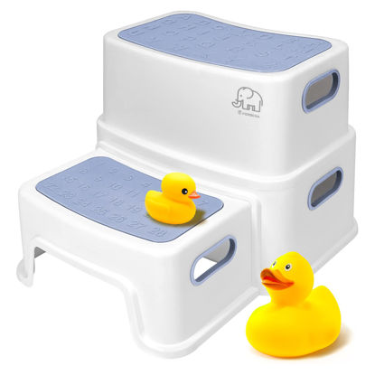 Picture of Forbena Kids Step Stool for Bathroom, 2 Step Stool for Toddlers Toilet Potty Training, Sturdy Children Plastic Step Stool for Bed Bathroom Counter Sink (White-Blue)