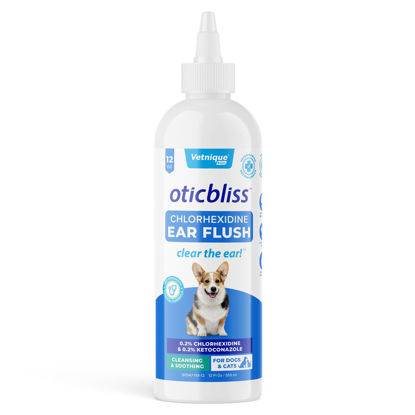 Picture of Vetnique Oticbliss Medicated Dog Ear Infection Treatment, Antiseptic Ear Cleaner for Cat & Dog Ear Cleaning Solution with Chlorhexidine & Ketoconazole (12oz Flush)