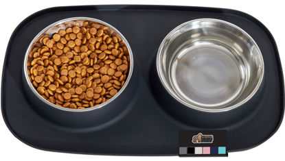 Picture of Gorilla Grip 100% Waterproof BPA Free Cat and Dog Bowls Silicone Feeding Mat Set, Stainless Steel Bowl Slip Resistant Raised Edges, Catch Water, Food Mess, No Spills, Pet Accessories, 1 Cup, Black