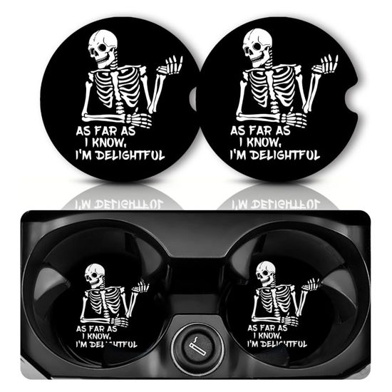 Picture of Car Coasters for Cup Holders，Car Cup Holder Coasters, 2 Pack Cup Holder Coasters for Car, Anti Slip Rubber Car Cup Mat with A Finger Notch, Cute Car Interior Accessories for Women2.75 Skull Skeleton