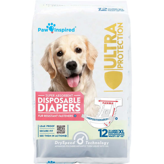 Picture of Paw Inspired Disposable Dog Diapers | Female Dog Diapers Ultra Protection | Diapers for Dogs in Heat, Excitable Urination, or Incontinence (12&144 Count) (X-Large (12 Count))