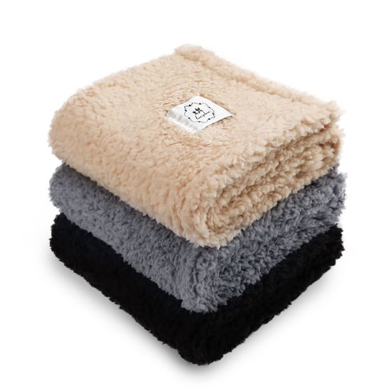 Picture of 1 Pack 3 Calming Blankets Fluffy Premium Fleece Pet Blanket Soft Sherpa Throw for Dog Puppy Cat Beige/Black/Grey Small (23" x16'')