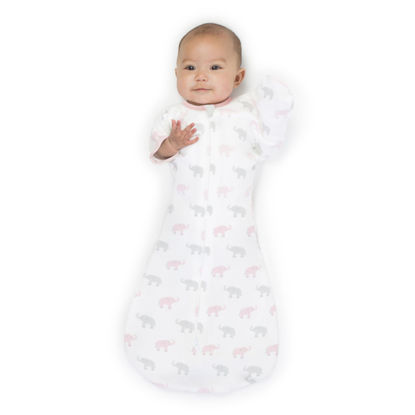 Picture of Amazing Baby Transitional Swaddle Sack with Arms Up Half-Length Sleeves and Mitten Cuffs, Large, 6-9 Months, 21-24 lbs, Tiny Elephants, Pink (Arms Up Swaddle, Transition Swaddle Sleep Sack)