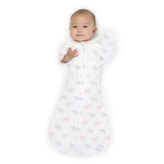 Picture of Amazing Baby Transitional Swaddle Sack with Arms Up Half-Length Sleeves and Mitten Cuffs, Large, 6-9 Months, 21-24 lbs, Tiny Elephants, Pink (Arms Up Swaddle, Transition Swaddle Sleep Sack)