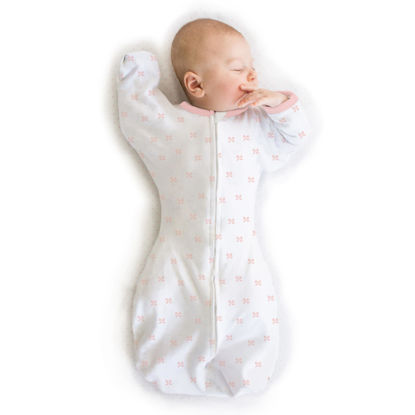 Picture of Amazing Baby Transitional Swaddle Sack with Arms Up Half-Length Sleeves and Mitten Cuffs, Large, 6-9 Months, 21-24 lbs, Tiny Bows, Pink (Arms Up Swaddle, Transition Swaddle Sleep Sack)