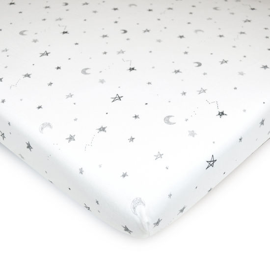 Picture of American Baby Company Fitted Mini Crib Sheet 24" x 38", Soft Breathable Neutral 100% Cotton Jersey Portable Sheet, Gray Stars and Moons, for Boys and Girls, Fits Most Pack N Play Mattresses