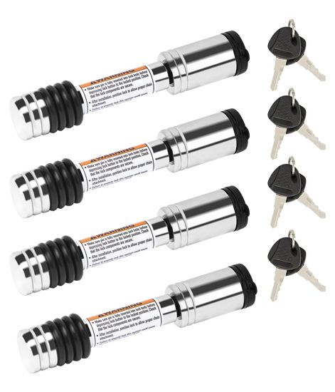 Picture of METOWARE Chrome Trailer Hitch Lock, 5/8" Dia Barbell-Style Locking Hitch Pin, Towing Hitch Receiver Lock with Anti-Rattle, Fits 2" Receiver Tubes, Class III & IV Hitch Receivers (4 Pack Keyed Alike)