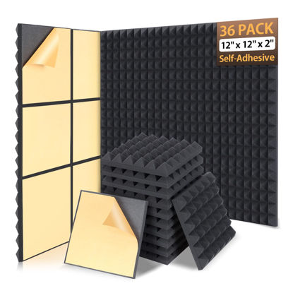 Picture of AUSLET 36 Pack Sound Proof Foam Panels for Walls 12" X 12" X 2" Pyramid Acoustic Foam Panels with Self-Adhesive High Density Soundproof Wall Panels for Studio and Home