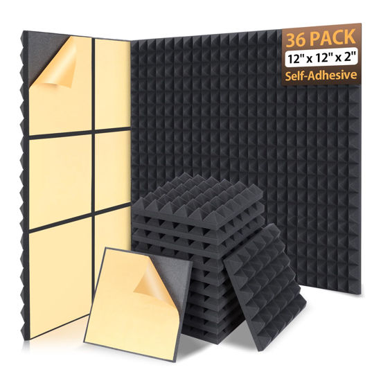 Picture of AUSLET 36 Pack Sound Proof Foam Panels for Walls 12" X 12" X 2" Pyramid Acoustic Foam Panels with Self-Adhesive High Density Soundproof Wall Panels for Studio and Home