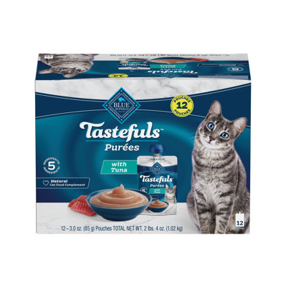Picture of Blue Buffalo Tastefuls Purées with Tuna, Natural Cat Food Complement, Resealable Twist Cap Pouches, 3-oz (12 Count)