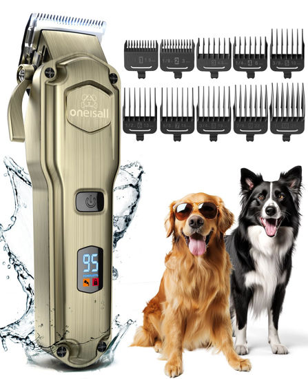 Picture of oneisall Dog Clippers for Grooming for Thick Heavy Coats/Low Noise Rechargeable Cordless Pet Shaver with Stainless Steel Blade/Waterproof Dog Shaver for Dogs Pets and Animals (Gold)