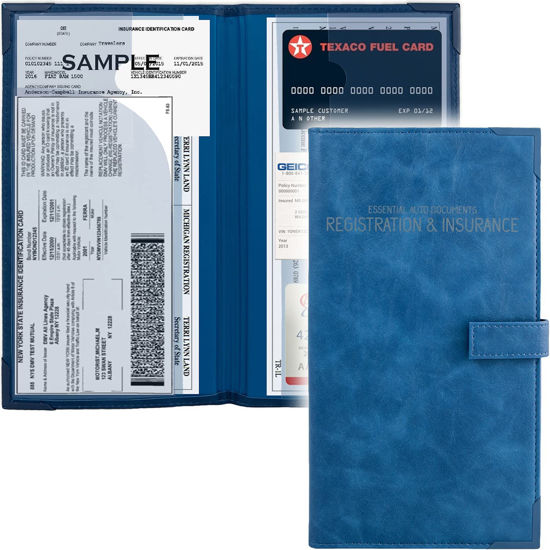 Picture of Auto Insurance and Registration Card Holder - Vehicle Glove Box Document Organizer - Car Essential Paperwork Holder for DMV, AAA, Contact Information Cards - Premium PU Leather Wallet Case - Blue