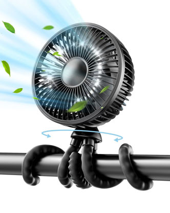 Picture of Gaiatop Baby Stroller Fan, 4000mAh Oscillating Mini Portable Fan with Light, 4 Speeds Battery Operated Small Handheld Desk Fan, 360° Rotate Flexible Tripod Clip On Fan for Car Seat Crib Travel Black