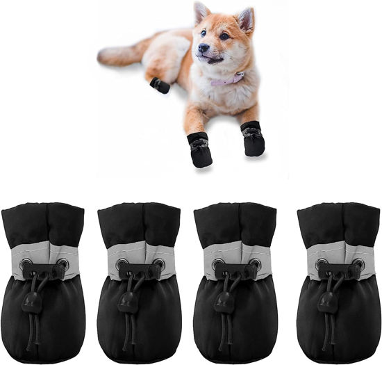 Picture of YAODHAOD Dog Shoes for Small Dogs, Anti-Slip Dogs Boots & Paw Protector for Winter Snowy Day, Summer Hot Pavement Dog Booties with Reflective Straps, Cat Dog Shoe for Indoor Hardfloors (Black, 7)