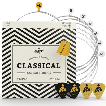 Picture of BELFORT® Classical Guitar Strings Nylon, coated in silver - nylon guitar strings + 1E-String - Guitar Strings Acoustic (6 String Set) Cuerdas para guitarra acustica - cuerdas de guitarra Nylon String