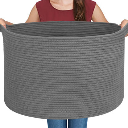 Picture of MEGASKET Large Dark Grey Storage Basket, Woven Cotton Rope Baskets for Storage, Big Blanket Organizer Storage Basket for Living Room, Kids Room Toy Storage Organizer Box, Blanket Keeper (22"x14")