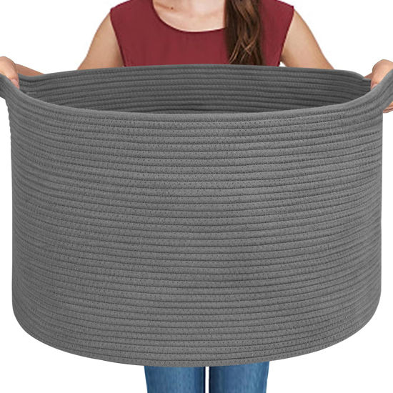 Picture of MEGASKET Large Dark Grey Storage Basket, Woven Cotton Rope Baskets for Storage, Big Blanket Organizer Storage Basket for Living Room, Kids Room Toy Storage Organizer Box, Blanket Keeper (22"x14")