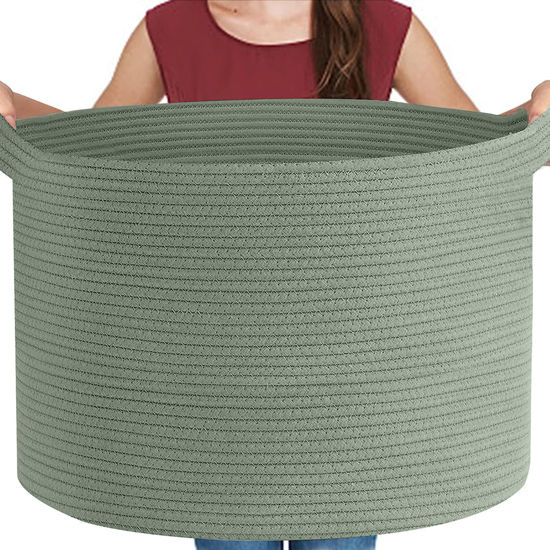 Picture of MEGASKET Extra Large Green Basket, 22" X 22" X 14" Woven Cotton Rope Baskets for Storage, Large Wicker Basket, Green Toy Storage Bins Basket, Green Room Office Decor Baskets for Organizing, XXL Basket
