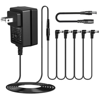 Picture of JOYO DC 12V 1.5A Power Supply Adapter for Guitar Effect Pedals Mini Amplifier AC Wall Charger Adapter with 5 Way Daisy Chain Cables Reverse Polarity Cable (Tip Negative)