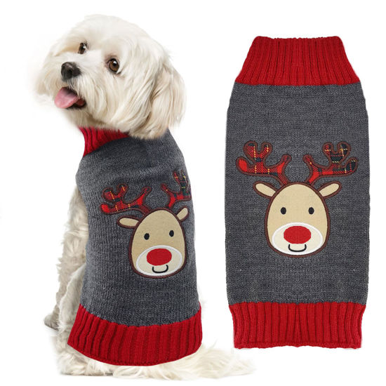 Picture of DOGGYZSTYLE Dog Christmas Sweater Xmas Pet Clothes Cute Gray Reindeer Holiday Puppy Cat Costume New Year Gifts for Small Medium Large Dogs Jumpers (L, Gray Reindeer)