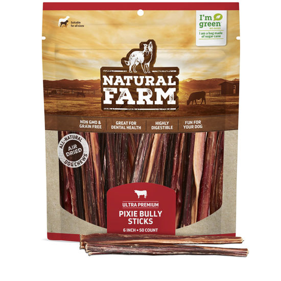 Picture of Natural Farm Bully Sticks (6 Inch, 50 Pack), Thin Pixie Pizzle Beef Treats, Grain-Free, High Protein, Best Rawhide Alternative for Small, Puppies or Senior Dogs