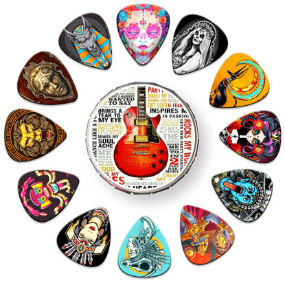 Picture of Guitar Picks 24 Pack Thin, Medium, Heavy & Extra Heavy Picks with Tin Box ,Variety Pack Artistic Celluloid Guitar Pick for Bass Electric Guitar Acoustic Guitar Lovers Gift (Mix-3)