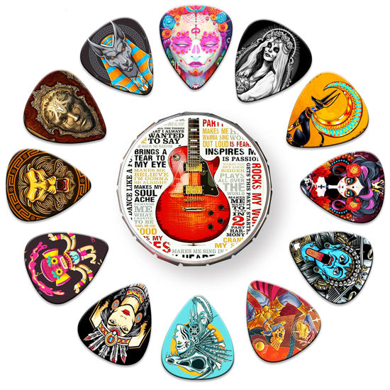 Picture of Guitar Picks 24 Pack Thin, Medium, Heavy & Extra Heavy Picks with Tin Box ,Variety Pack Artistic Celluloid Guitar Pick for Bass Electric Guitar Acoustic Guitar Lovers Gift (Mix-3)