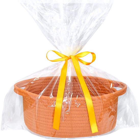 Picture of ABenkle Small Basket with Gift Bag and Ribbons, 12"x 8" x 5" Cute Small Woven Basket, Rope Shelf Toys Storage Basket with Handle, Decorative Empty Gift Basket