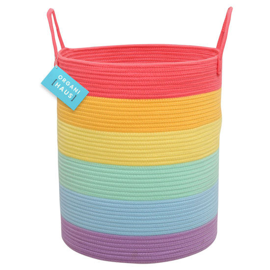 Picture of OrganiHaus Tall Blanket Basket Living Room 15x18, Rainbow Kids Laundry Hamper, Toy Baskets Storage for Kids, Woven Kids Laundry Basket, Baby Toy Box, Cute Storage Basket, Kids Clothes Organizer