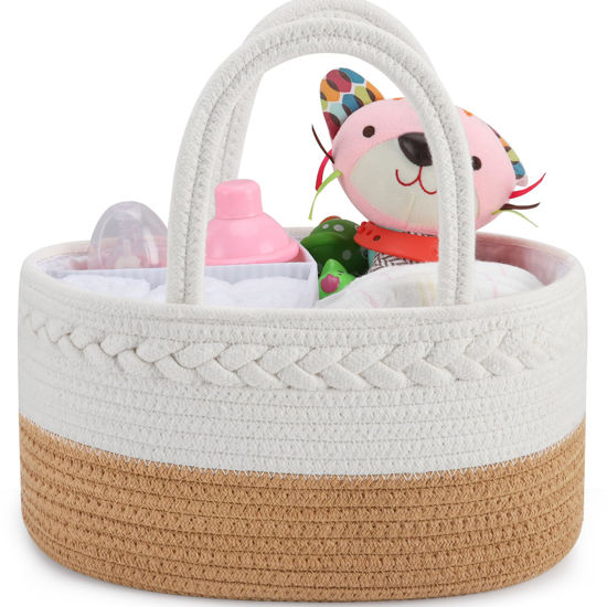 Picture of ABenkle Baby Diaper Caddy, Nursery Storage Bin and Car Organizer for Diapers Wipes, Cotton Rope Basket Changing Table Caddy