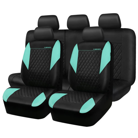 Picture of CAR PASS Mint Leather Seat Covers Full Set-Universal Quilting Cute Girly Car Seat Cover with 5mm Composite Sponge Inside,Airbag Compatible,2zipper Bench for Most Sedan,SUV,Truck(Full Set,Mint)