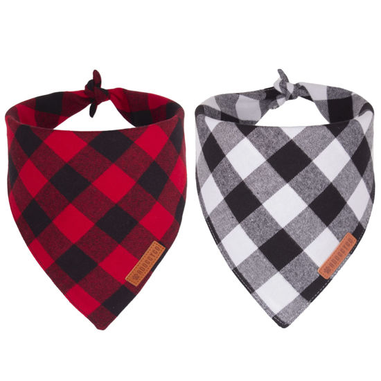 Picture of Adoggygo Christmas Dog Bandanas 2 Pack, Premium Cotton Fabric, Multiple Sizes Offered, White Red Plaid Bandanas for Small Dogs (Small, Red & White)
