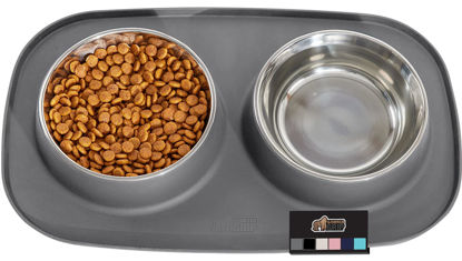 Picture of Gorilla Grip 100% Waterproof BPA Free Cat and Dog Bowls Silicone Feeding Mat Set, Stainless Steel Bowl Slip Resistant Raised Edges, Catch Water, Food Mess, No Spills, Pet Accessories, 3 Cup, Gray