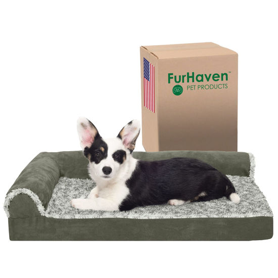 Picture of Furhaven Orthopedic Dog Bed for Medium/Small Dogs w/ Removable Bolsters & Washable Cover, For Dogs Up to 35 lbs - Two-Tone Plush Faux Fur & Suede L Shaped Chaise - Dark Sage, Medium