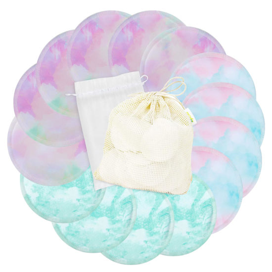 Picture of wegreeco Nursing Breast Pads (14 Pack) + Laundry Bag & Travel Storage Bag, 4.7 inch - Washable & Reusable Breastfeeding Nursing Pads (Plain Shape, Watercolors, Large)