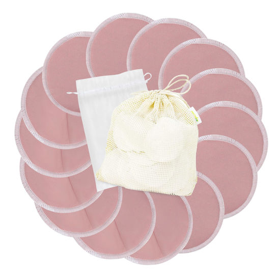 Picture of wegreeco Nursing Breast Pads (14 Pack) + Laundry Bag & Travel Storage Bag, 4.7 inch - Washable & Reusable Breastfeeding Nursing Pads (Mild Pink, Large, Contoured & Plain Shape)